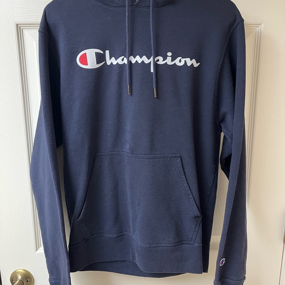 Champion Blue Sweater with Iconic Logo and Hood